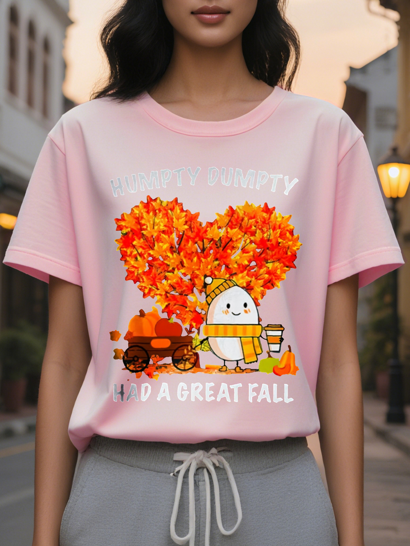 Women's Dark Green Graphic T-Shirt Funny Autumn Saying Tee with Egg Cup Design Casual Everyday Shirt for Halloween