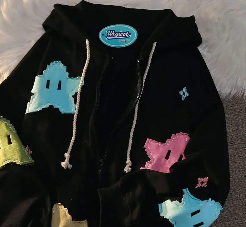 British Gothic Punk Style Printed Star Patch y Mens and Womens Hooded Cardigan Harajuku Retro Oversized Bat Sleeve Top 250904