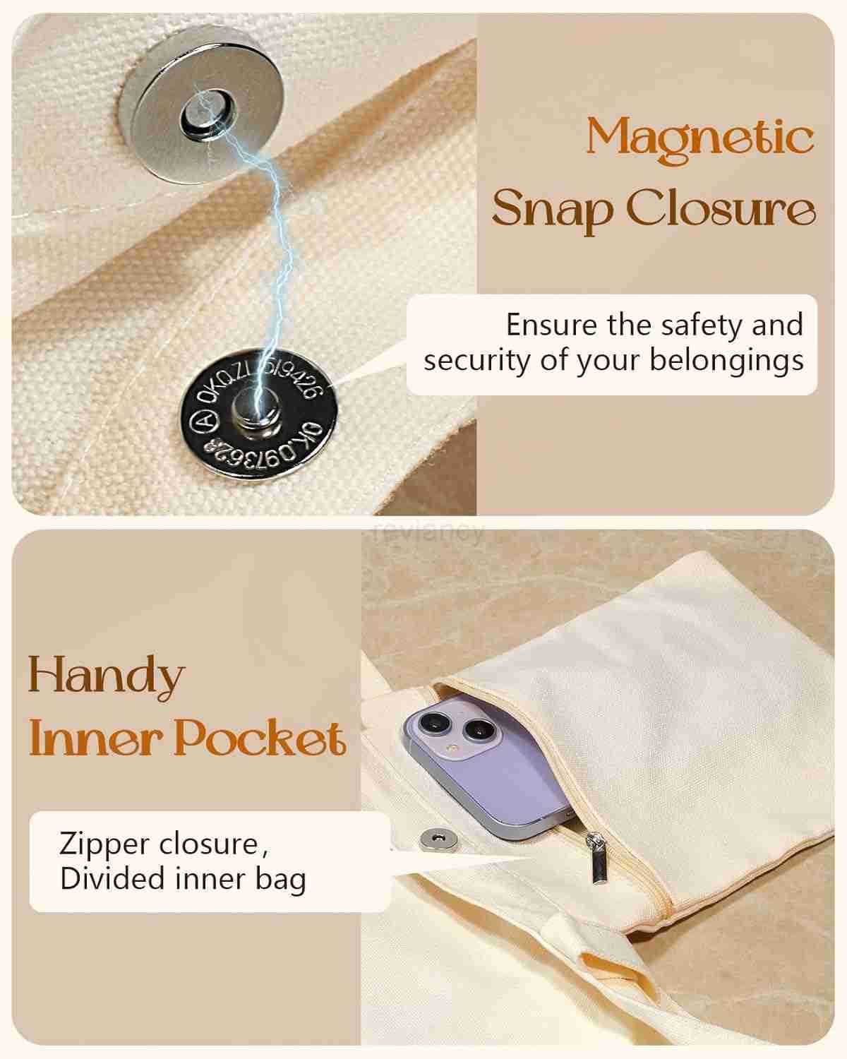 Tote Bag for Girls with Magnetic Buckle and Zipper Inner Pocket for Women Lady Canvas Cotton Tote BagW250904