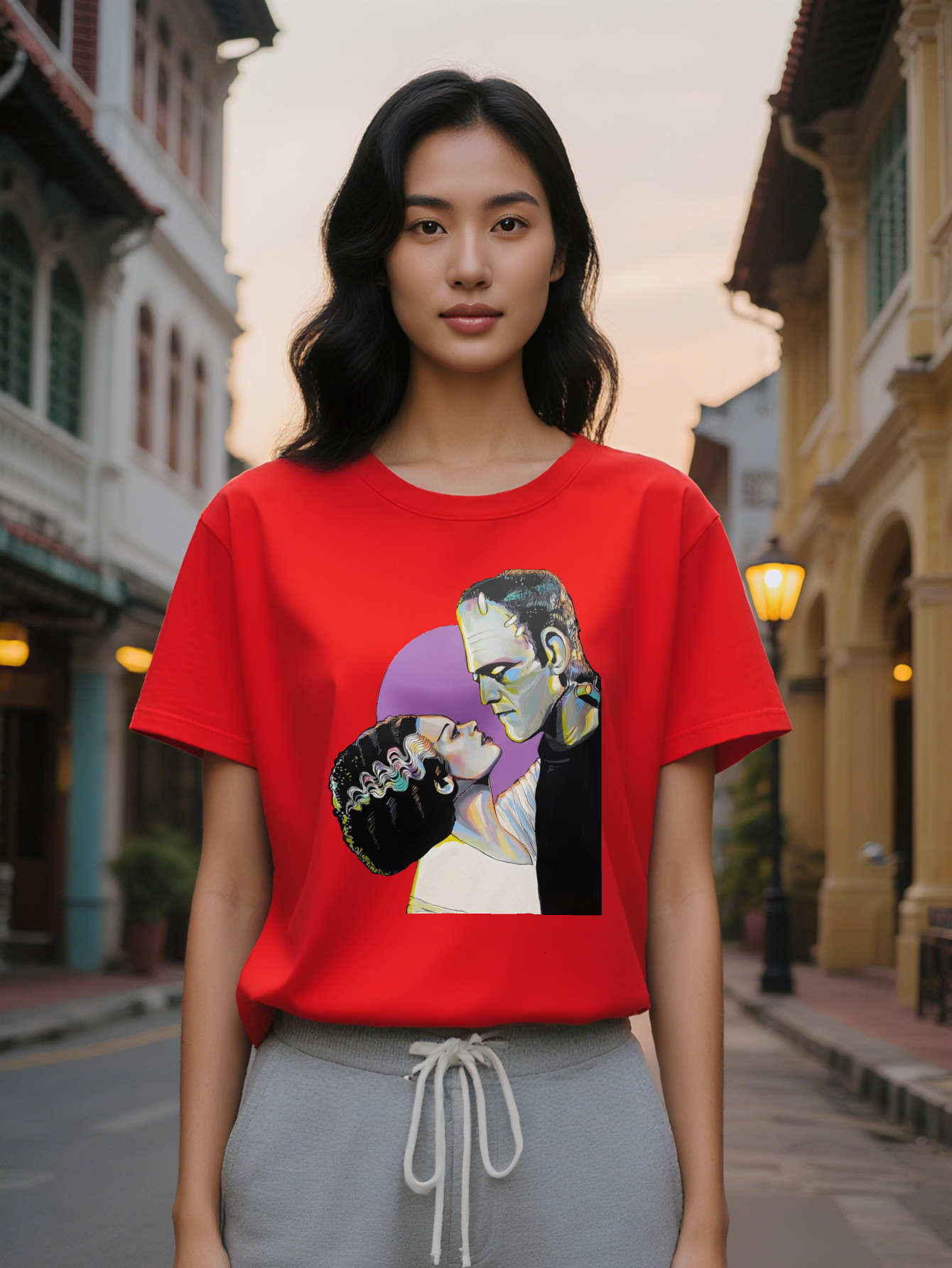 Large XL Women's Casual Graphic T-Shirt Frankenstein Bride Monster Print Black Round Neck Summer Tee Washable Pop Culture Plus Size