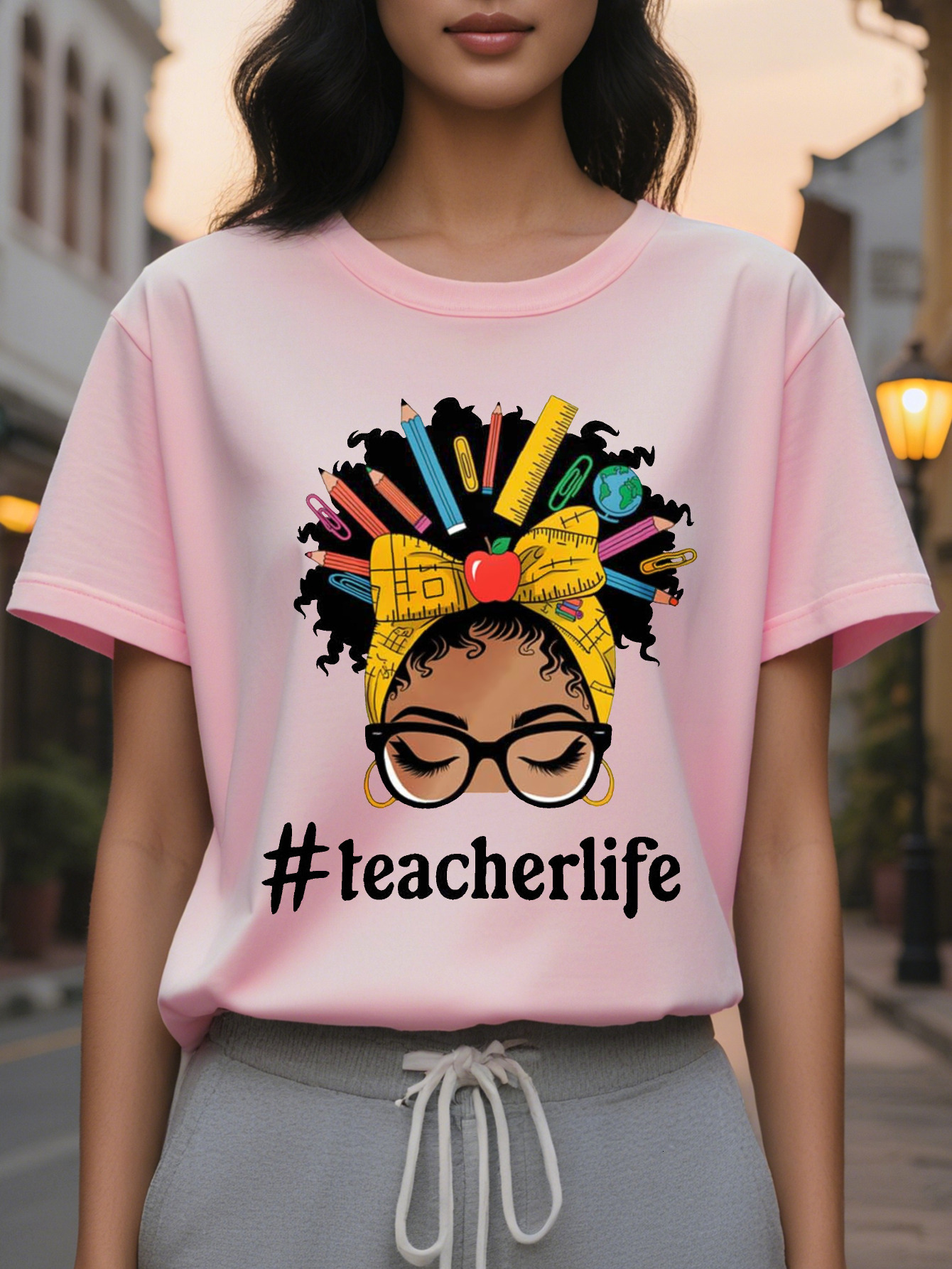 Women Black History Sleeve T-Shirt Round Neck Casual Top Designed Teacher Life Colored Pencil Floral Illustration