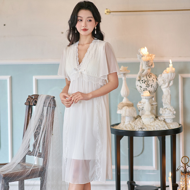 T24280 Lace Nightdress Women's Summer Thin Style Age-reducing Girls Home Short-sleeved Pajamas