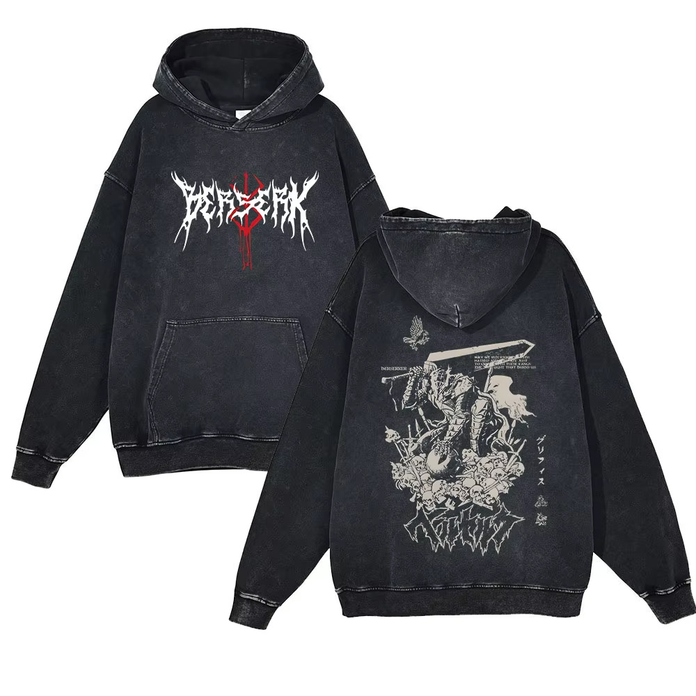 440g Heavyweight Washed Vintage Berserk Sword Art of the Dragon Print Street Retro Hoodie - VT2417