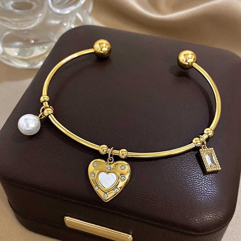 Fashion Pearl Zircon Charms Cuff Bangles for Women Unique Gold Silver Color Stainless Steel Open Bracelets Jewelry Gifts Y250904