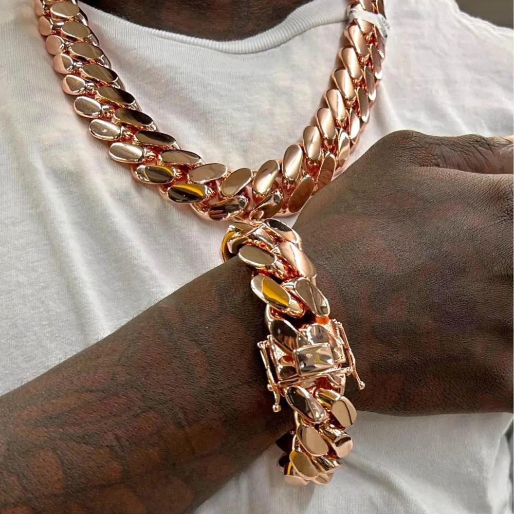 822mm Hip Hop Bling Rose Gold Color 316L Stainless Steel Dense Cuban Miami Link Chain Necklaces for Unisex Rapper Jewelry 250903
