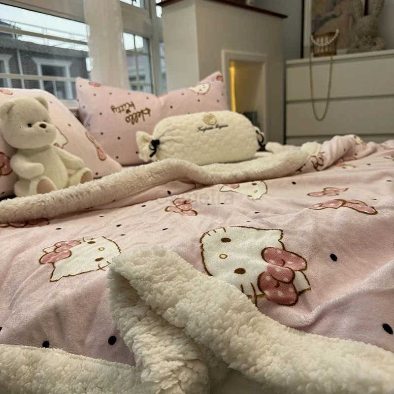 Sanrio Hello Kittys Pink Bow Lamb Velvet Blanket Winter Thickened Warm Milk Coral Velvet Blanket Quilt Cover Sofa Office Blanket L250904