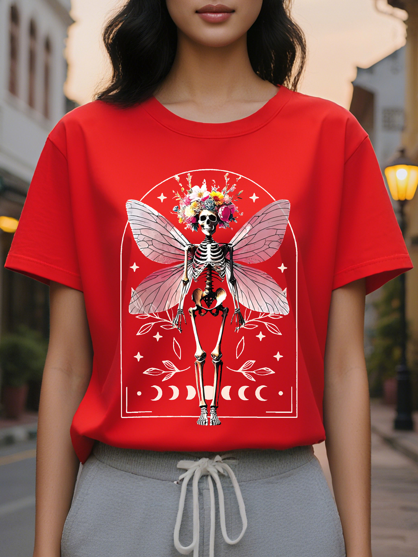 Large XL Women's Dark Gothic Floral Skeleton Graphic Tee Soft Round Neck T-Shirt for Everyday Halloween Outfits Washable Plus Size