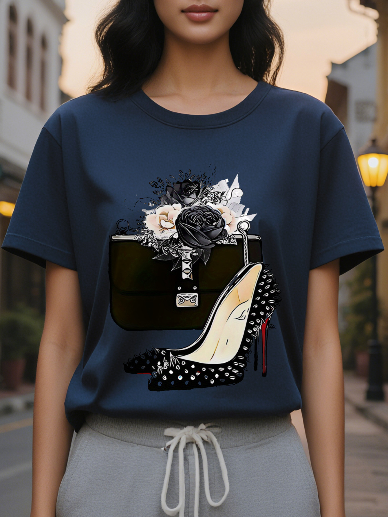 igh-heeled shoes printed T-shirt short sleeve round neck casual top suitable for spring and autumn women's clothing