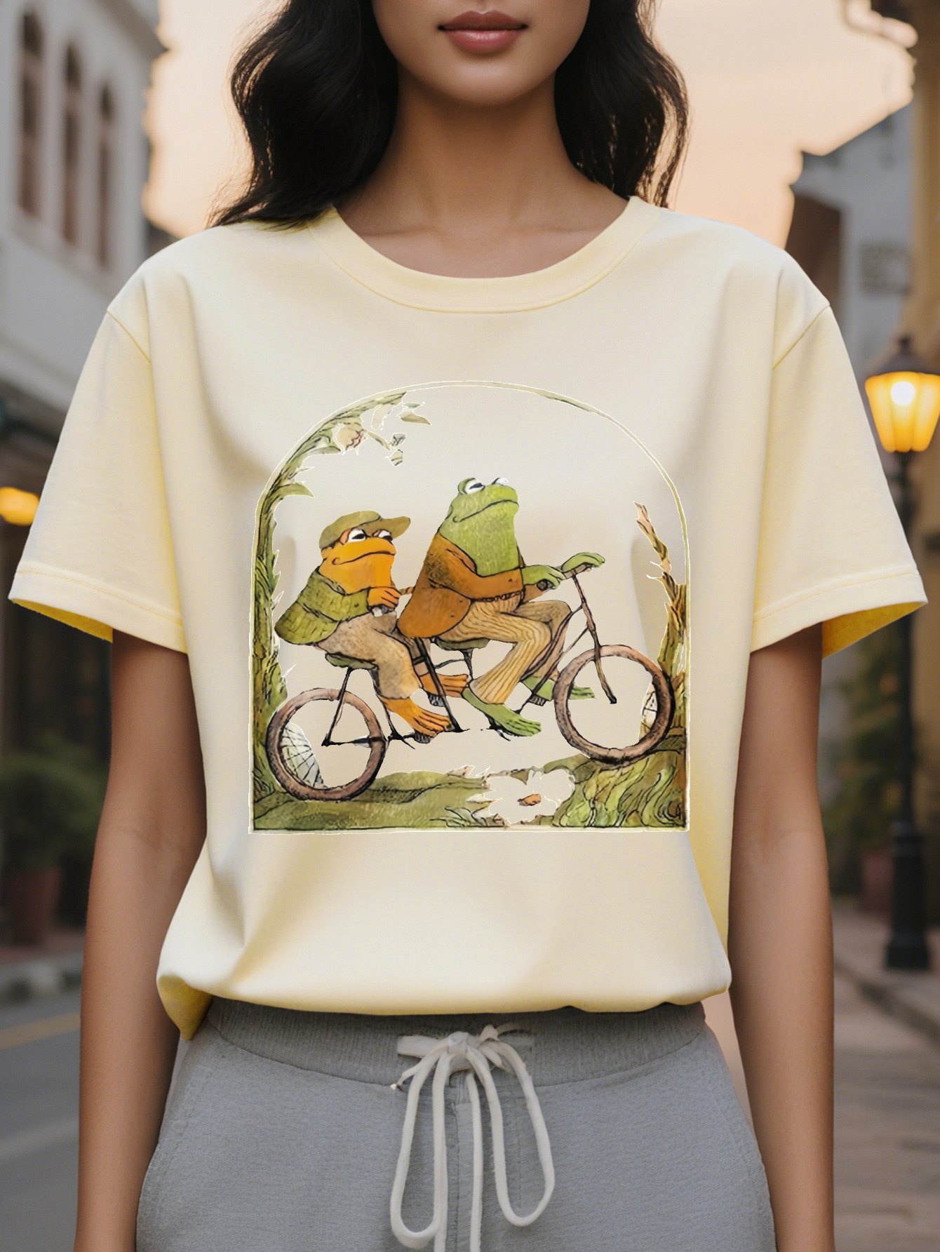 Cartoon Frog Print Crew Neck T-Shirt Casual Short Sleeve Top for Spring Summer Women's Clothing
