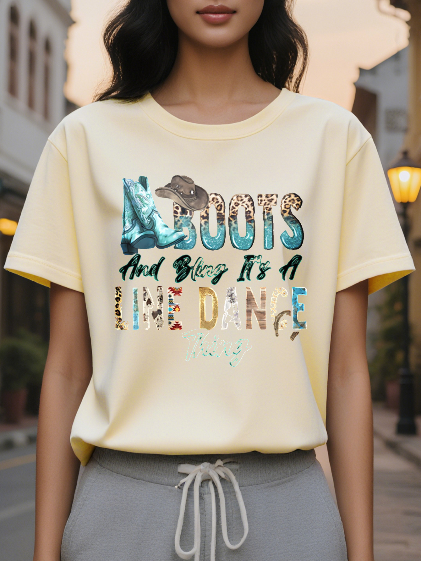 Ladies Printed T Shirt Boots Take Me To Happiness Pattern Black Casual Short Sleeve Round Neck Top Breathable