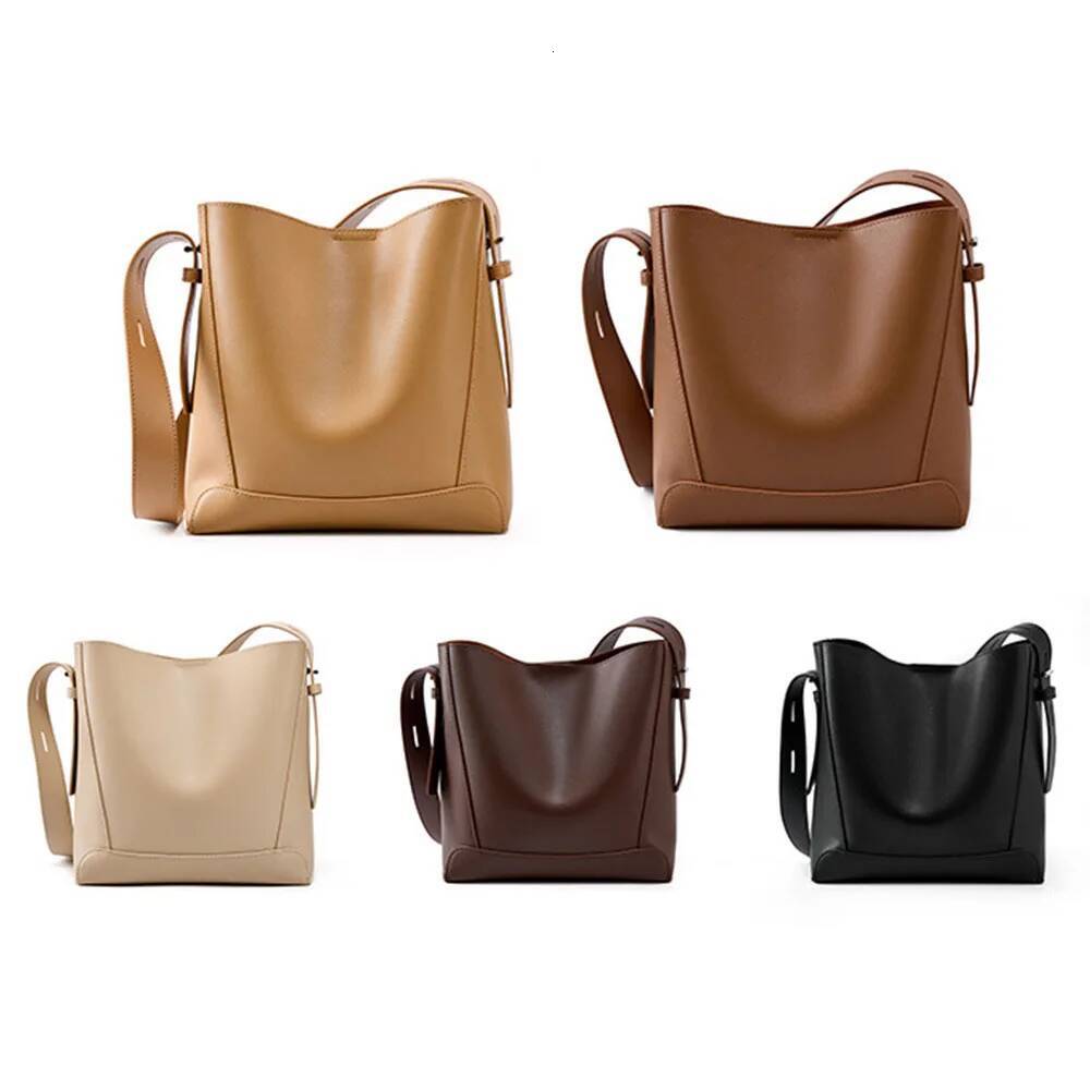 High quality leather women's Fashionable hand-held shoulder large capacity commuting solid color crossbody bucket bag