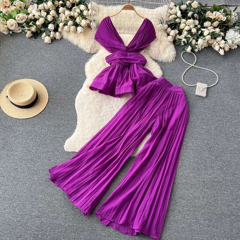 High-End Elegant Fashion Suit Women's Summer Pleated Sleeveless Chiffon Top + High-Waisted Wide-Leg Pants Two-Piece94