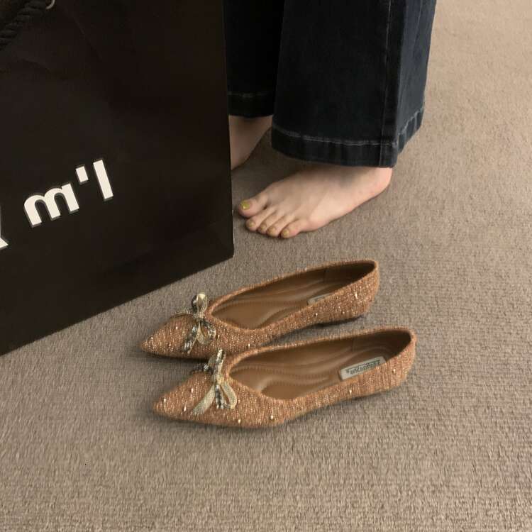 Rhinestone Bow Flat for Women 2025 Spring Autumn Designer Shoe New Pointed Toe Shallow Mouth Commuter Grandma Shoes