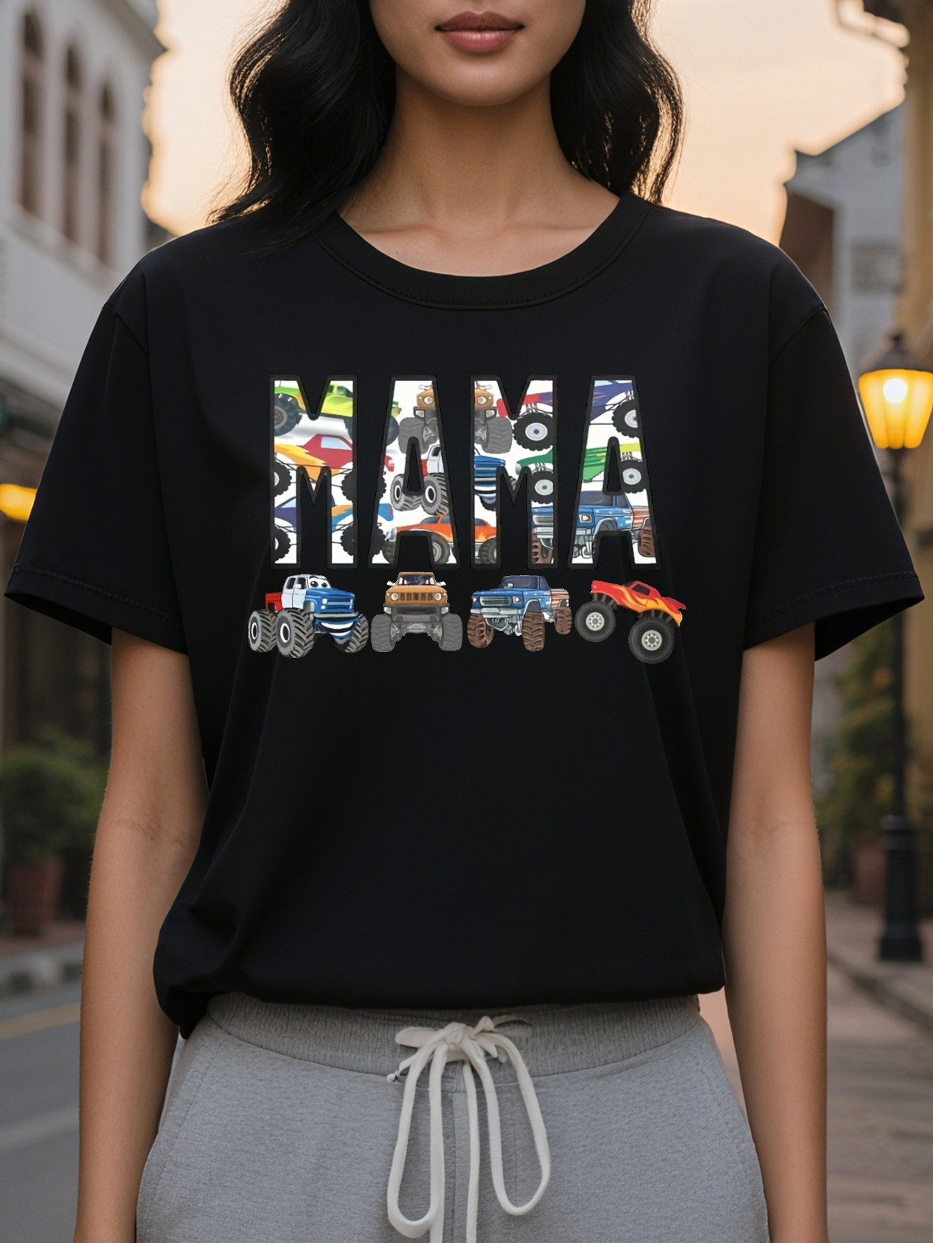 Large XL Light Beige Women's Casual Short Sleeve Round Neck T-Shirt Playful MAMA Truck Construction Graphic Print hine Plus Size