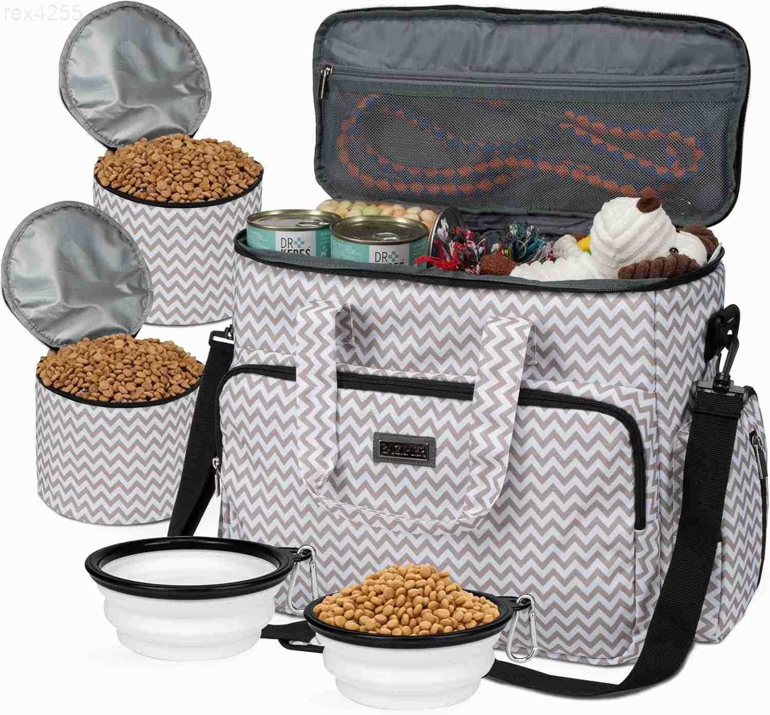 Dog Travel Bag Pet Travel Bag ALL Pet Travel Supplies With 2 Pet Food Containers and 2 Collapsible Silicone Bowls Essential Kits for Pet Travel GreyW2
