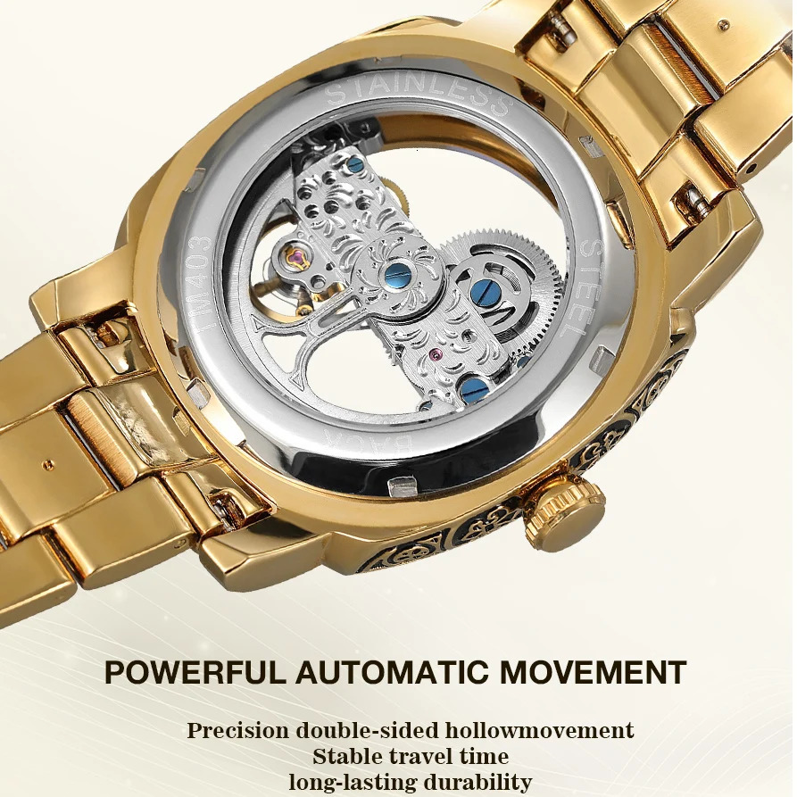 FORSINING Gold Skeleton Mechanical Men Watch Automatic Movement Clock Stainless Steel Strip Male Bronze Wrist Watches 250903