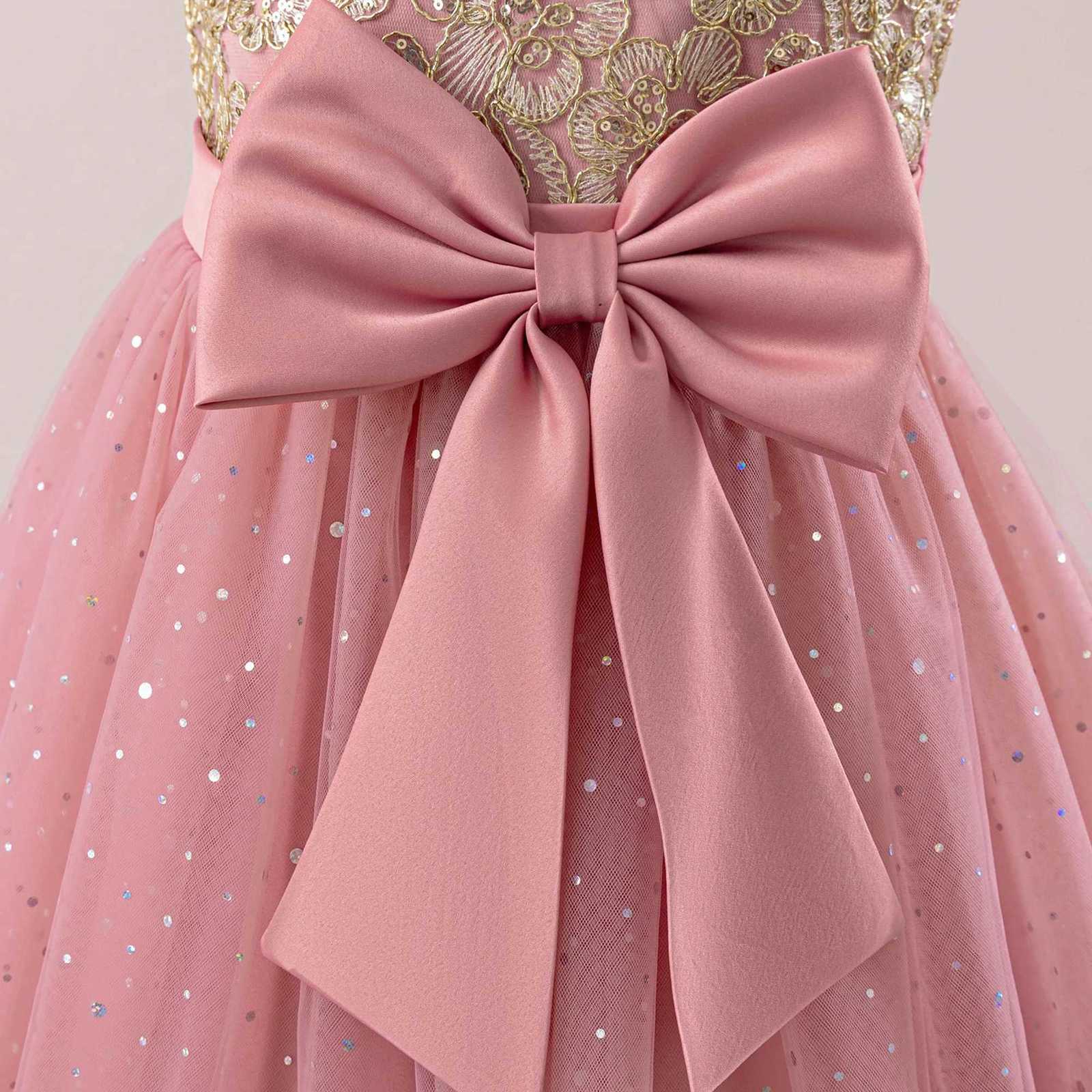 Fashion Bow Bridesmaid Girls Dress Sequin Flower Wedding Princess Prom Gown Elegant Tulle Birthday Party Dresses Evening Vestido Z250904