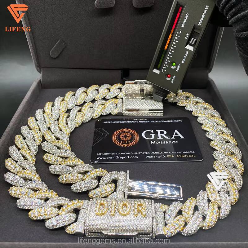 S925 20MM Iced VVS Moissanite Fashion Jewelry Hiphop Cuban Chain Custom Clasp Necklace with Custom Name Letter Two Tone Plated
