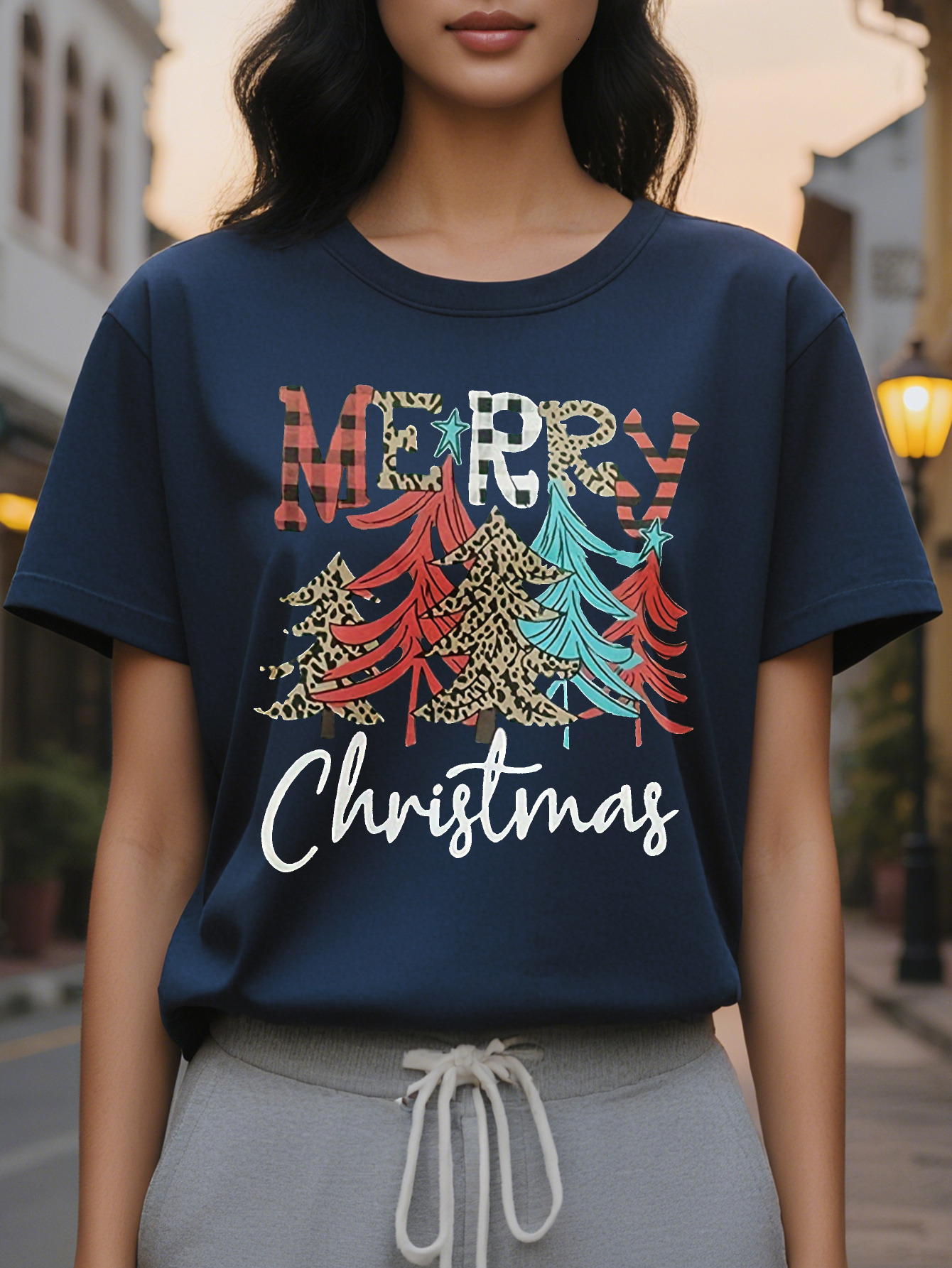 Christmas Tree Print Crew Neck T-shirt Casual Short Sleeve Top for Spring Summer Women's Clothing