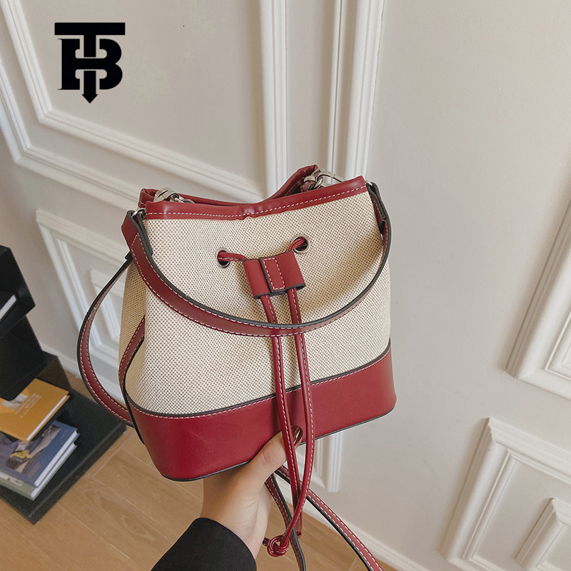 TB BHULAMTE Women's Bag Foreign Trade New Canvas Color-Block Handbag Bucket Bag Street Fashion Textured Drawstring Single Shoulder Designer s bag
