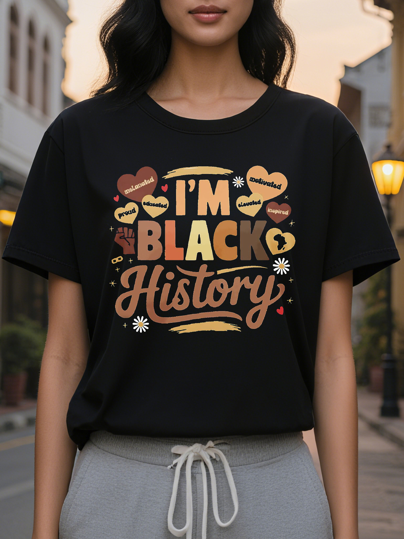 Women's Historic T-Shirt Short Sleeve Crew Neck Casual Top with I'm Black History Design Vibrant Illustrations