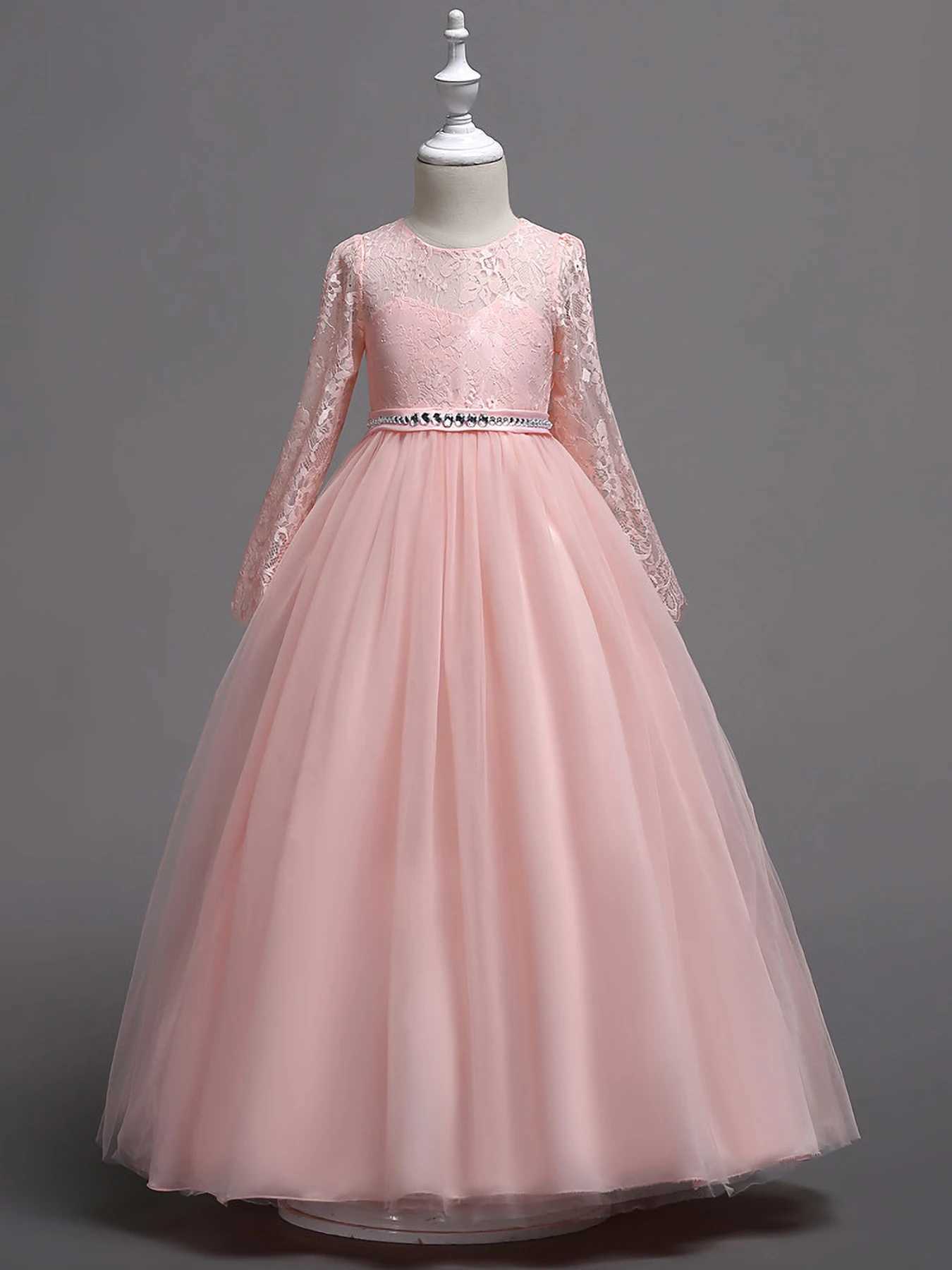 Pink European and American best-selling childrens bridesmaid dress with lace long sleeves and large skirt flower girl princess dress Z250904
