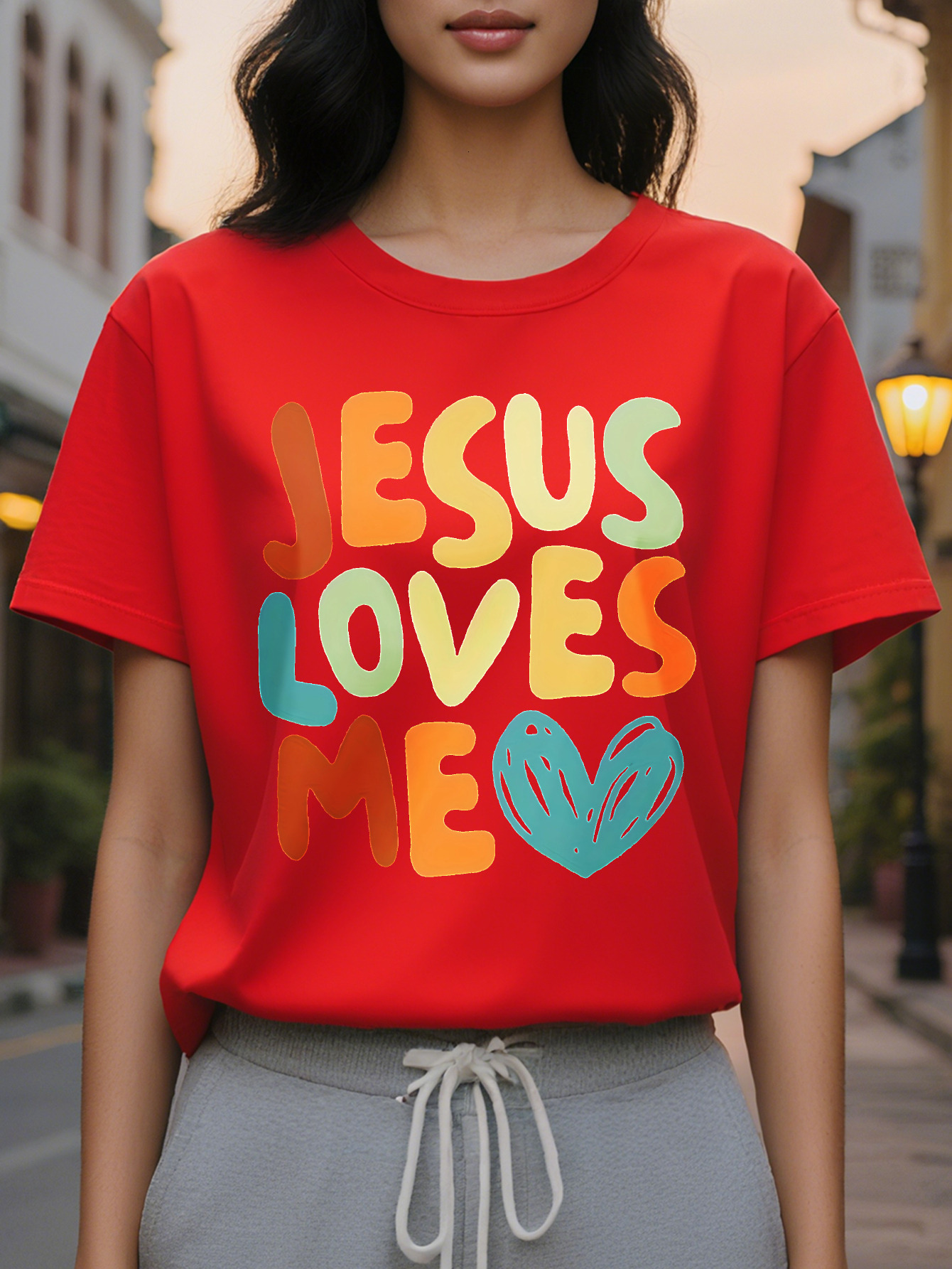 Jesus Love Me Heart Letter Short Sleeve T-Shirt Round Neck Casual Summer Spring Top Women's Clothing