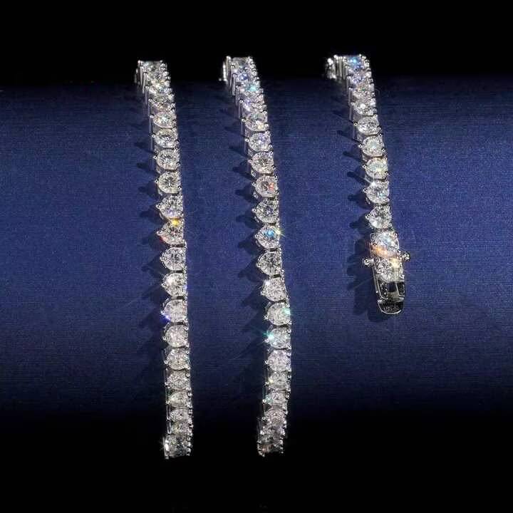 Luxury Three Prong 3mm Necklace 925 Sterling Silver Vvs Moissanite Hip Hop Rapper Style Iced Out Fine Jewelry Tennis Chain