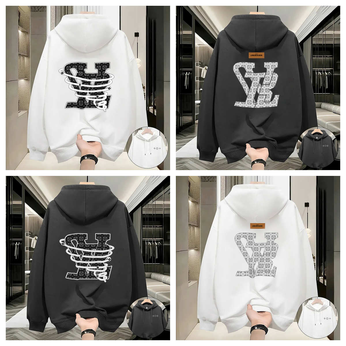 Men's Hoodies With Luxurious Design Cotton Black White And Grey Print Regular Fleece For Warmth Couple Hoodie For Men And Women