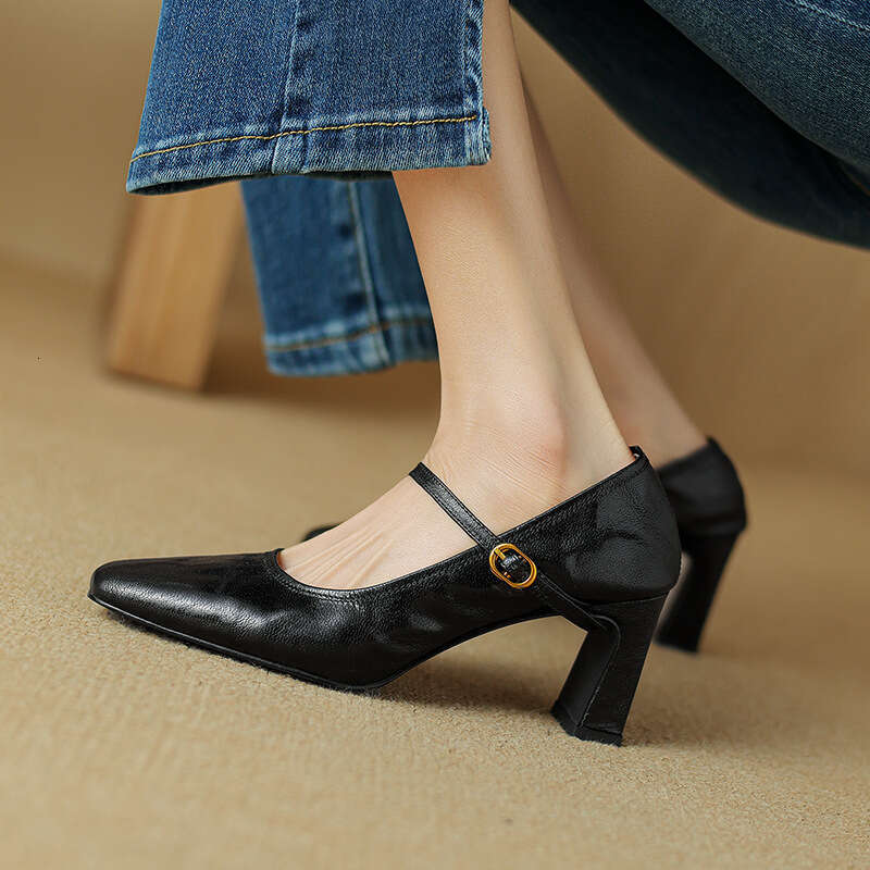 High Women's Autumn New Designer Shoe Sheepskin One-Strap Thick Heel Black French Genuine Leather Mary Jane Shoes