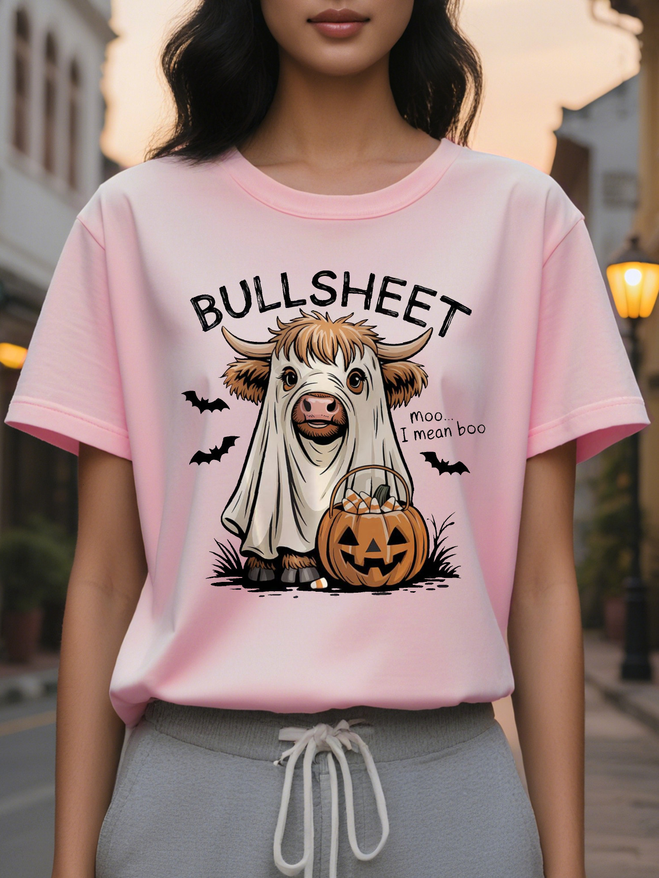Women's Fun Bullsheet T-shirt Scottish Mooooo Print Halloween Theme Party Casual Summer Crewneck Top Washable
