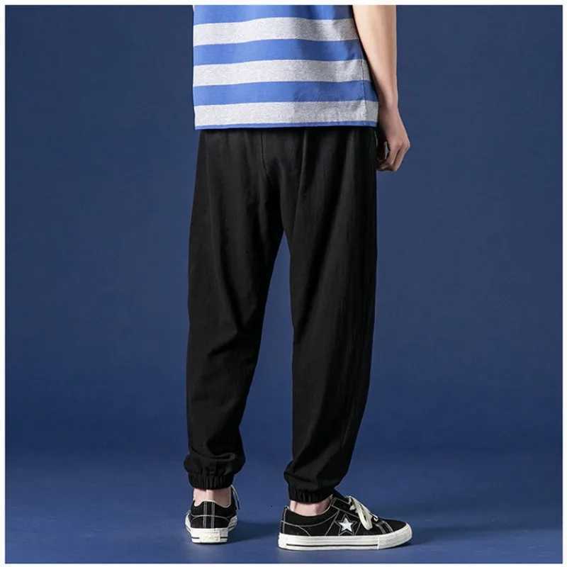 Summer New Men Cotton Hemp Thin Solid Sweatpants Streetwear Fashion Elastic Waist Harajuku Loose Casual Straight Sports TrousersXJ250904