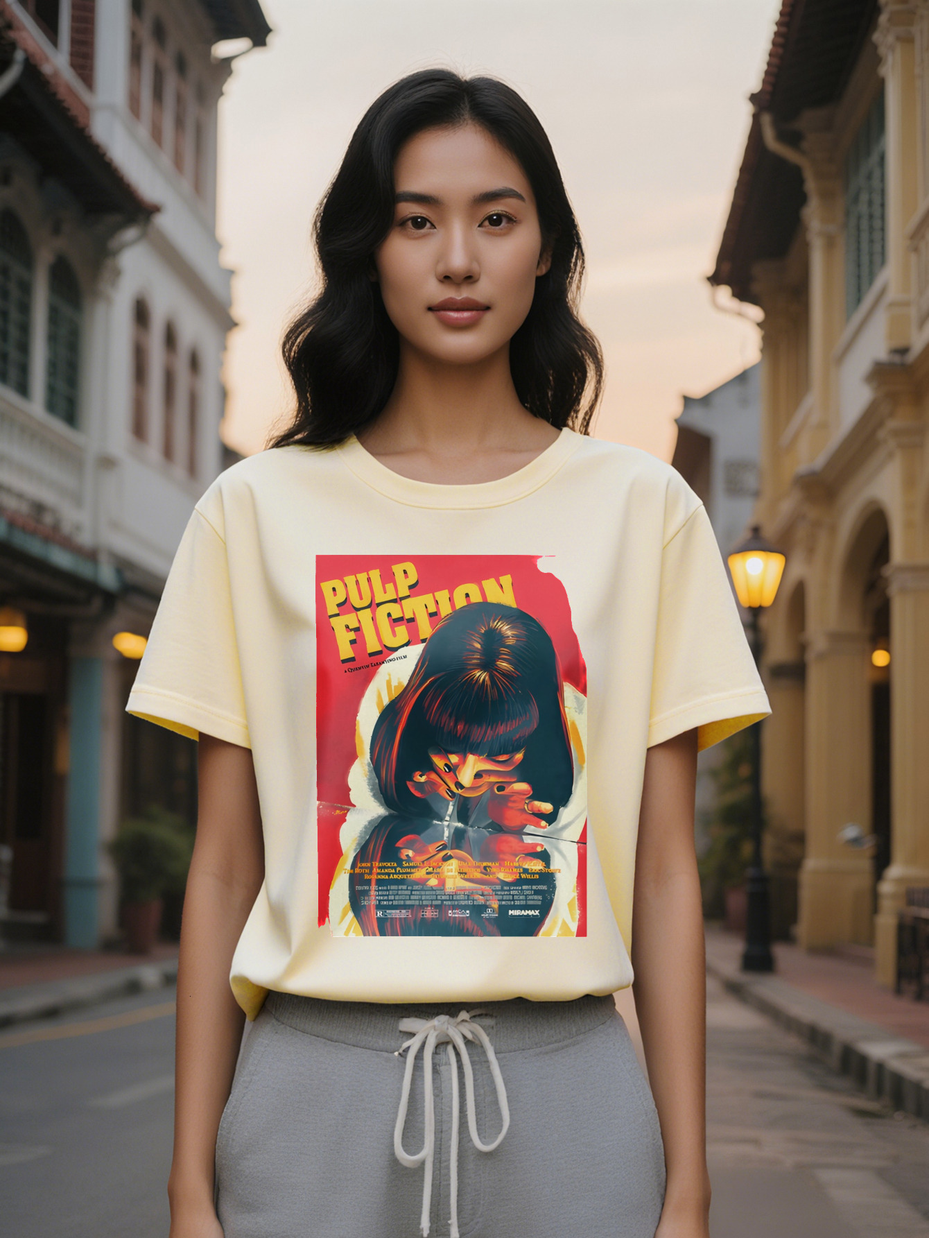 Large XL Black Graphic Lady Casual T-Shirt Pulp Fiction Art Print with Female Character Design, Washable, Regular Fit, Gift, Plus Size