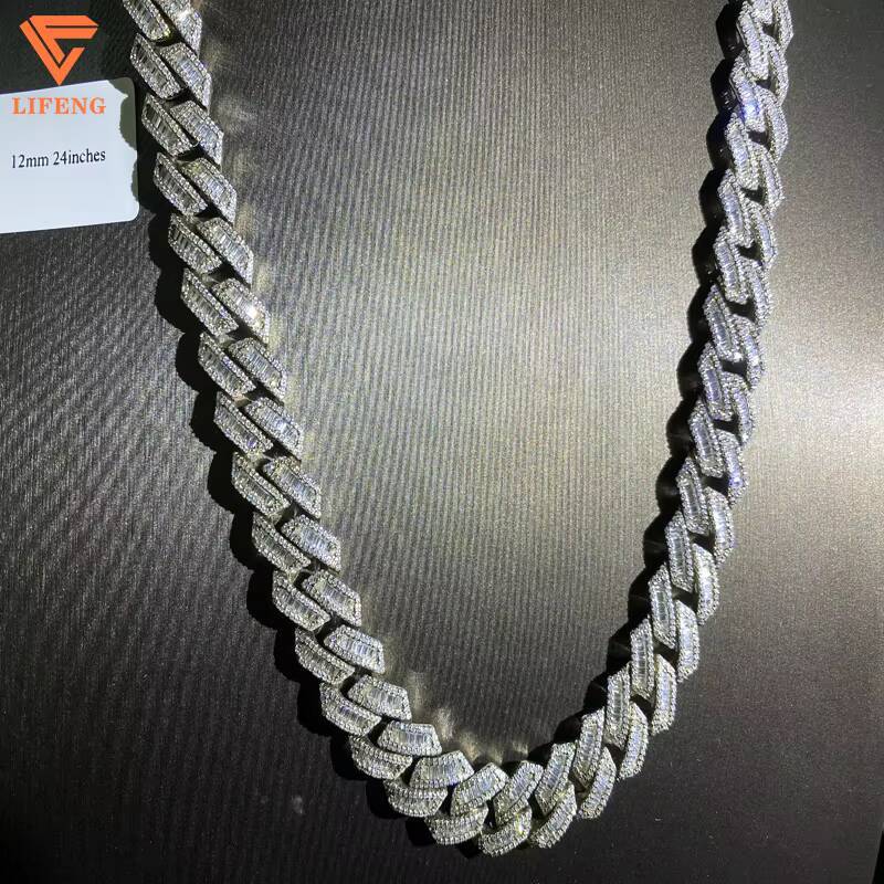 925 Sterling Silver Iced Out 12MM Baguette Miami Hip Hop Cuban Link Chain with Pass Diamond Tester Moissanite Necklaces