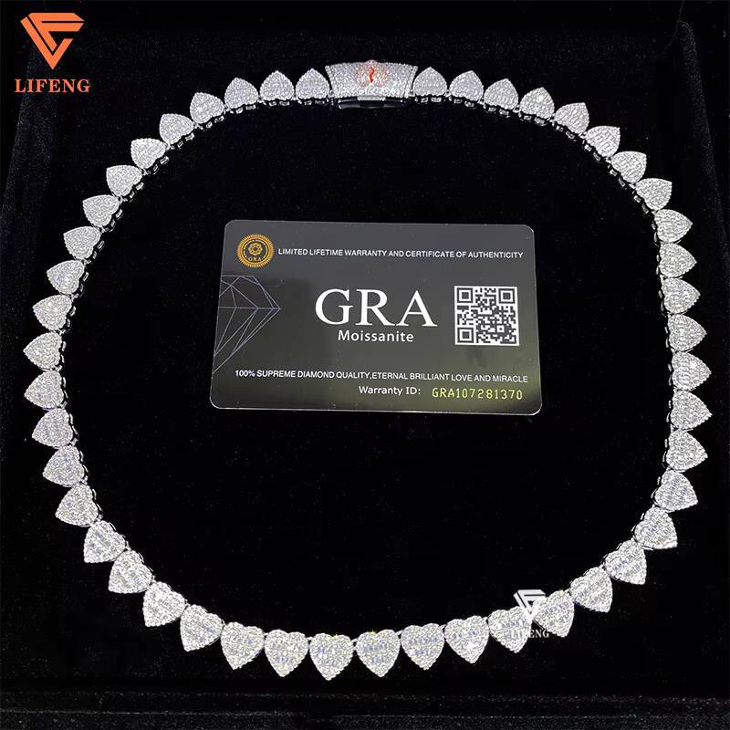 Hip Hop Jewelry High Quality 10mm 925 Sterling Silver VVS Moissanite Diamond Iced Out Buguette Heart Tennis Chain Necklace
