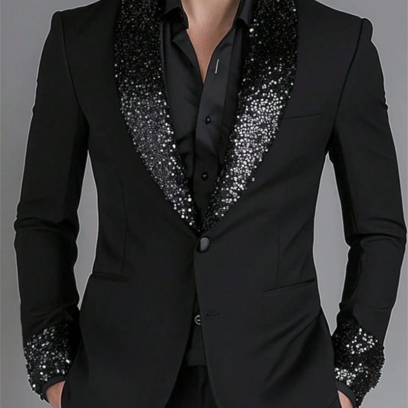 Classic Black Men Suits Shawl Lapel Sequin Patchwork Slim Fit Groom Party Coat Fashion Wedding Male Blazers Costumes Homme y250903