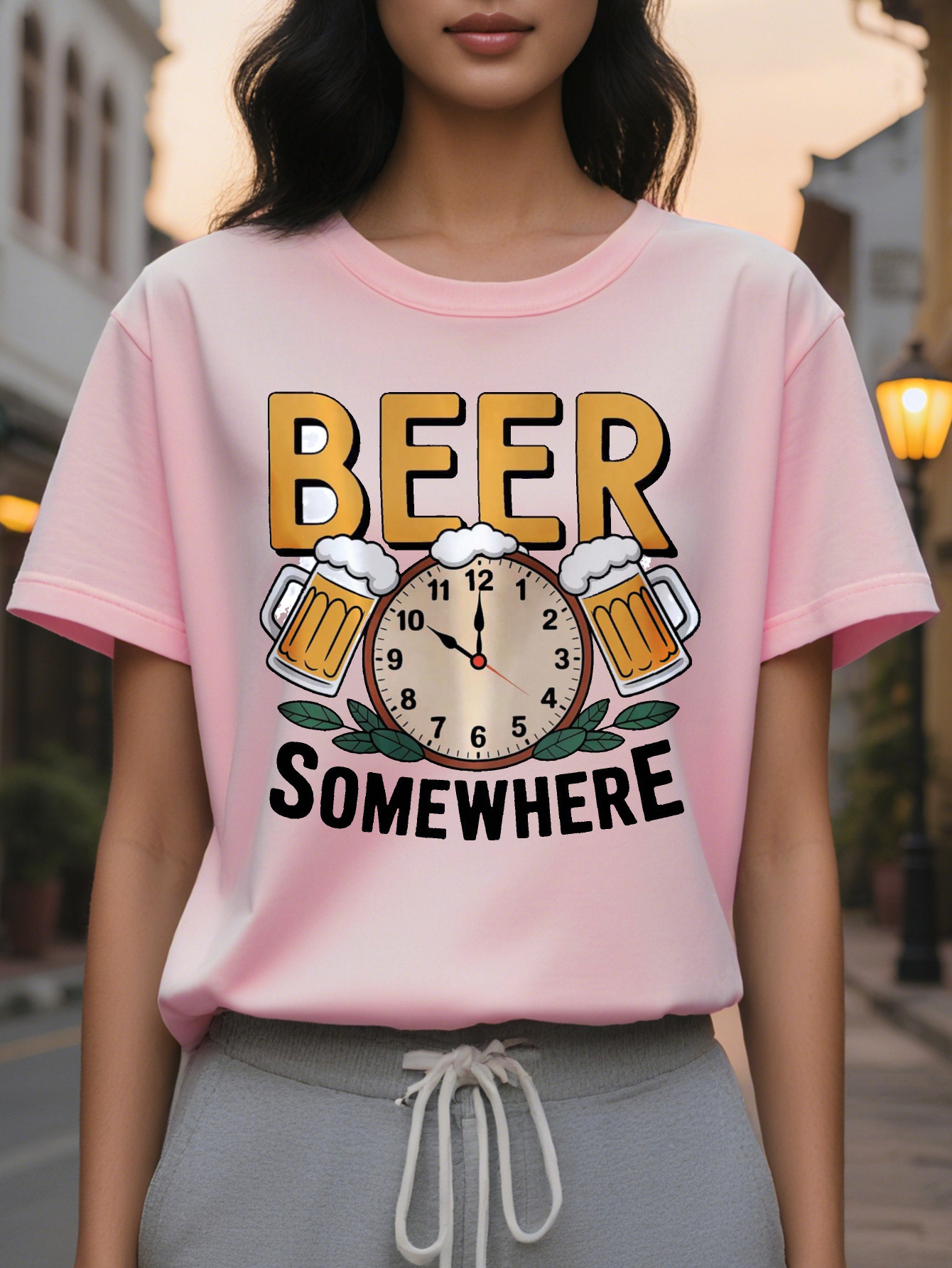 Women's Somewhere Pattern White T-Shirt with a Strong Beer Mug Design Lightweight Summer Top Suitable for