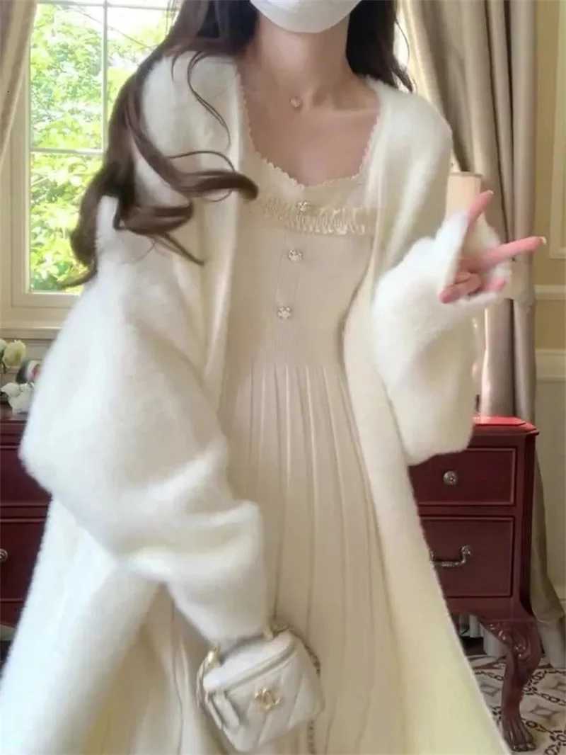 White Gentle Mink Fur Sweater Knitted Cardigan Womens Autumn Winter New Loose Versatile mid to long Lazy Milk fufu Jacket M250904