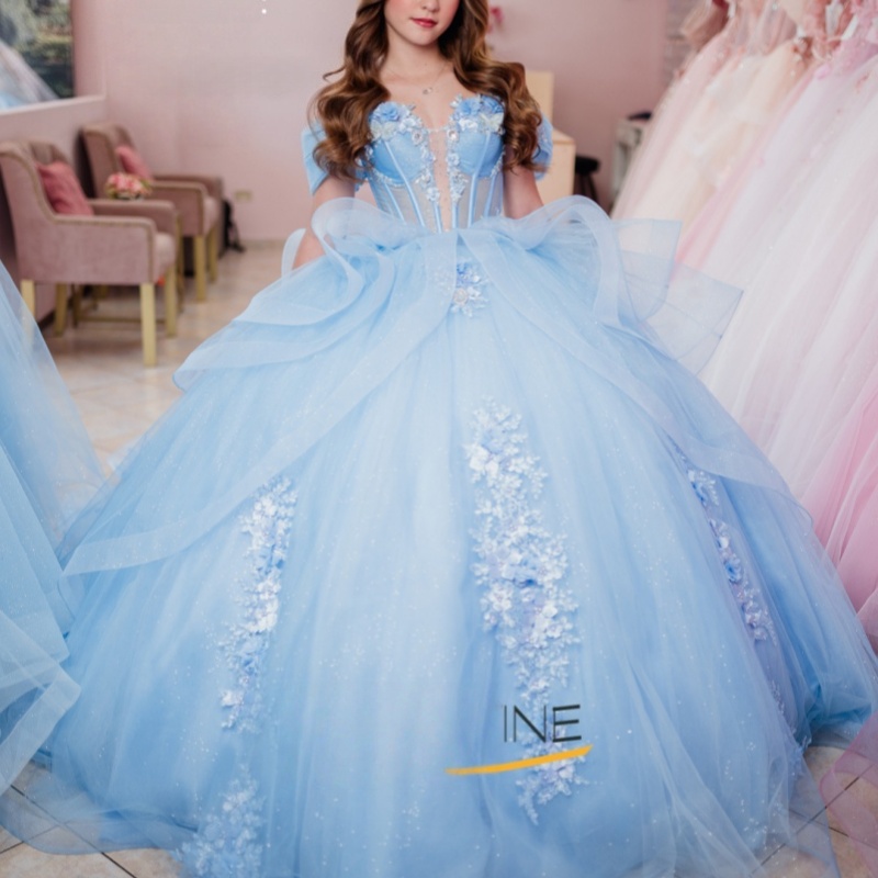 Sky Blue Shiny Princess Off the Shoulder Sweet 16 Dress Quinceanera Dresses Applique Flower Beads Tull Party Birthday Vestidos 15 De Anos