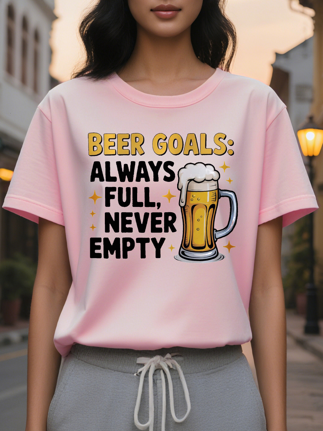 Women's Fun Lover T-shirt Beer Goal Always Full Never Empty Slogan Mug Pattern White Casual Round Neck Summer Top