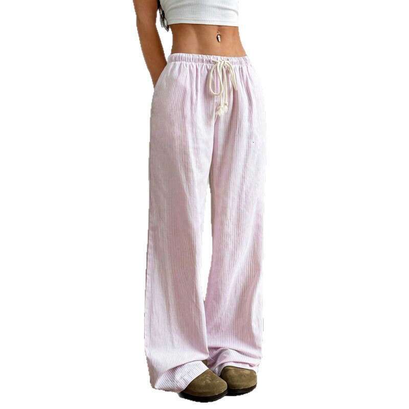 2025 New Summer Striped Straight-Leg Pants Casual Versatile Tie Fashion Loose Wide-Leg Women