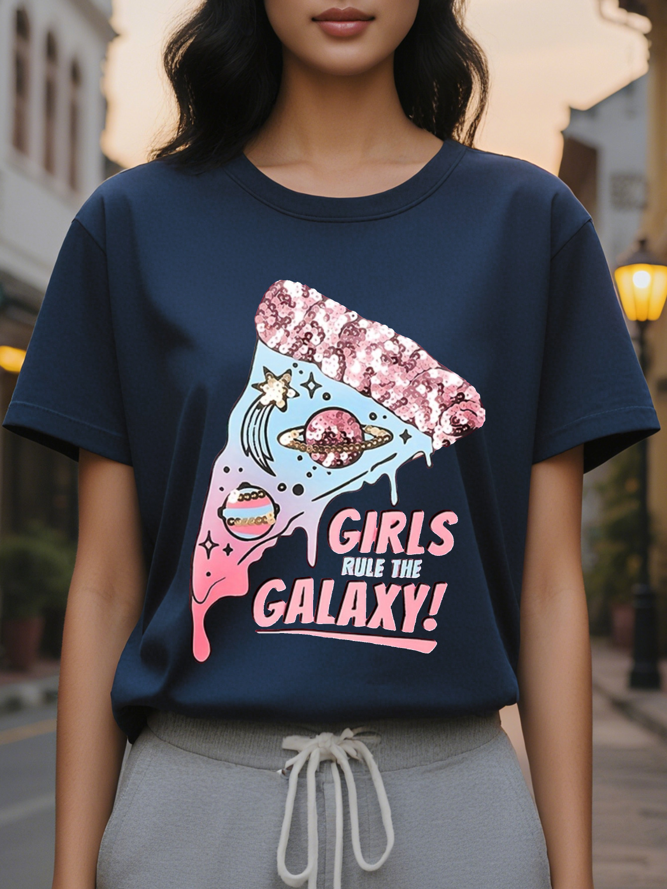 Girls Women s Casual Short sleeved T shirt Galaxy Pizza with Stars Black Pink Letter Print Translucent Round Neck