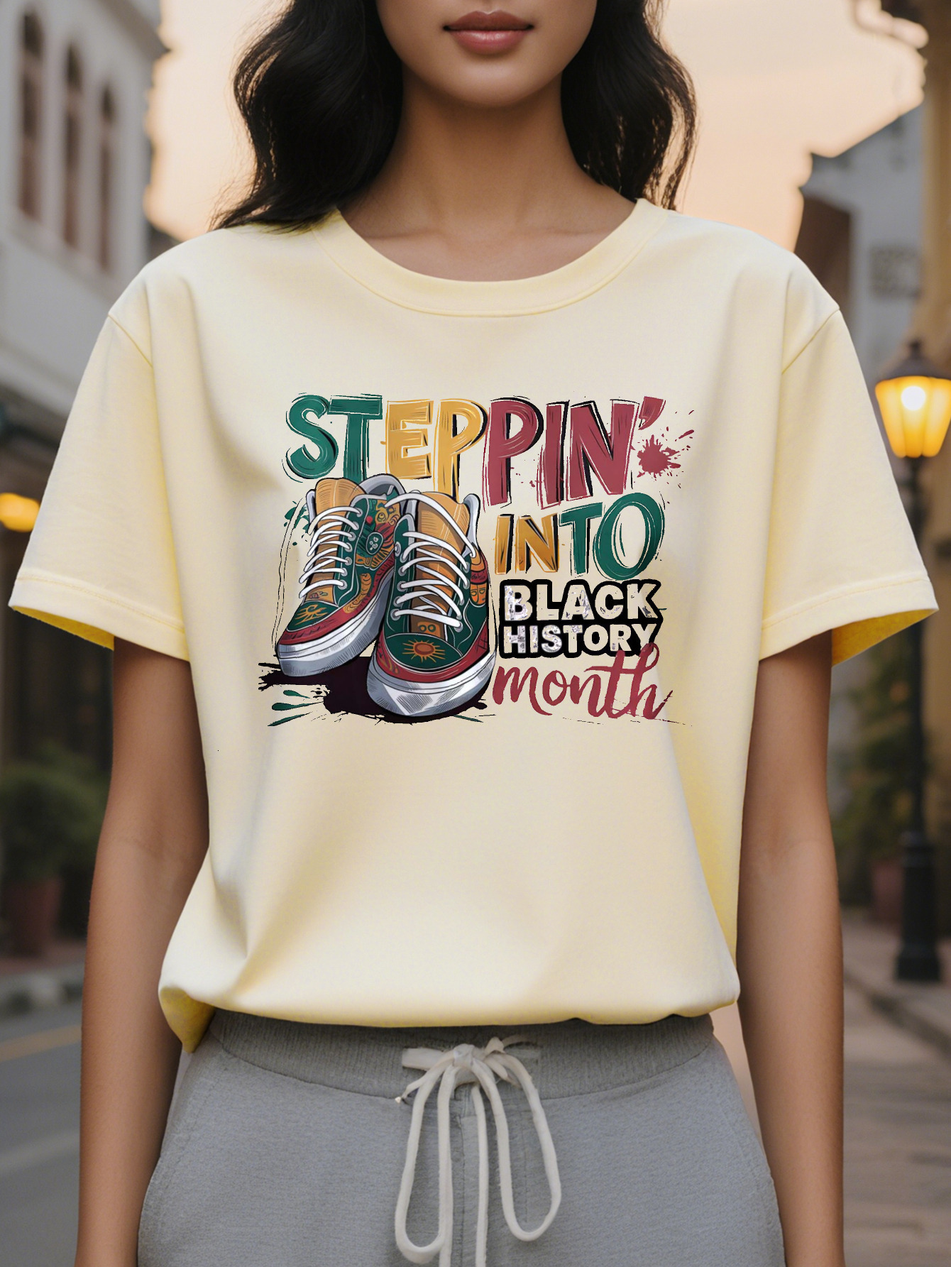 Ladies elegant round neck black history month pattern T-shirt, knitted fabric, short sleeve, casual top suitable for