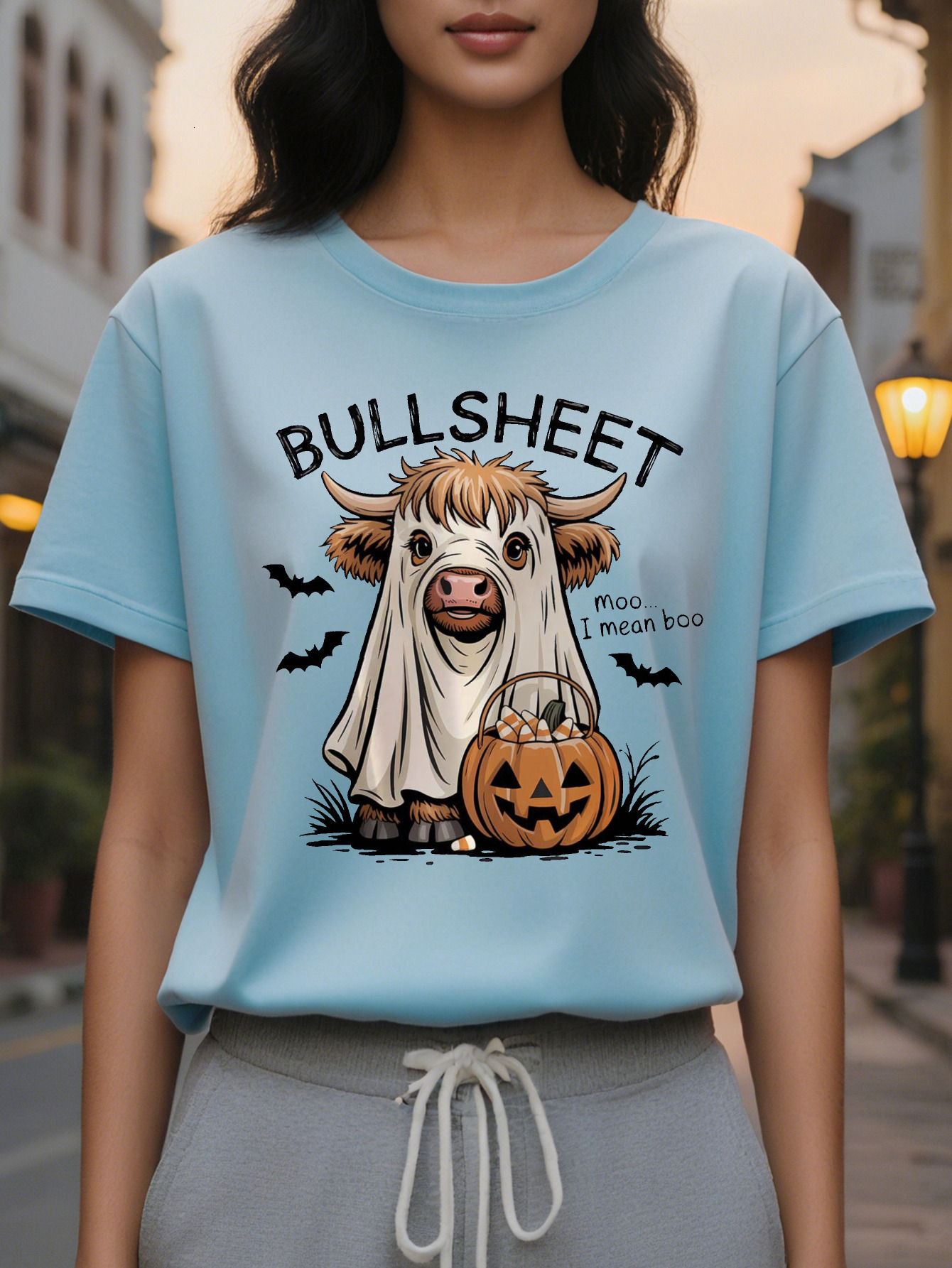 Women's Fun Bullsheet T-shirt Scottish Mooooo Print Halloween Theme Party Casual Summer Crewneck Top Washable