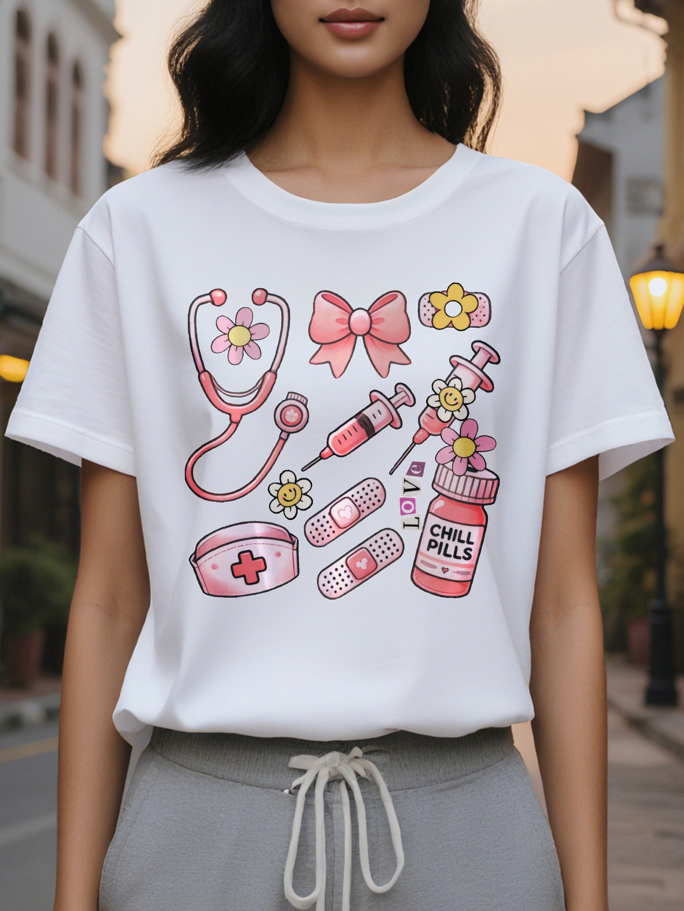 Women's nurse-themed short-sleeved T-shirt with floral print and the word NURSE, elastic round neck casual top for spring