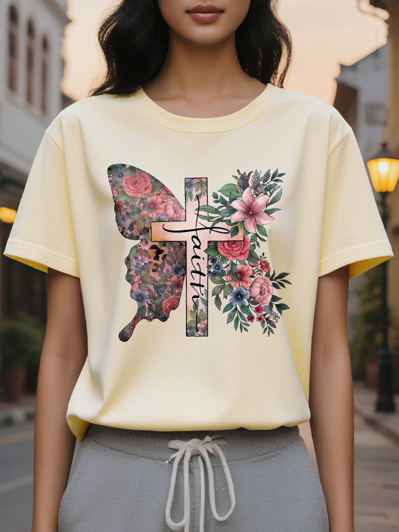 Butterfly and Cross Print Short Sleeve T-Shirt Round Neck Casual Summer Spring Top Women's Clothing