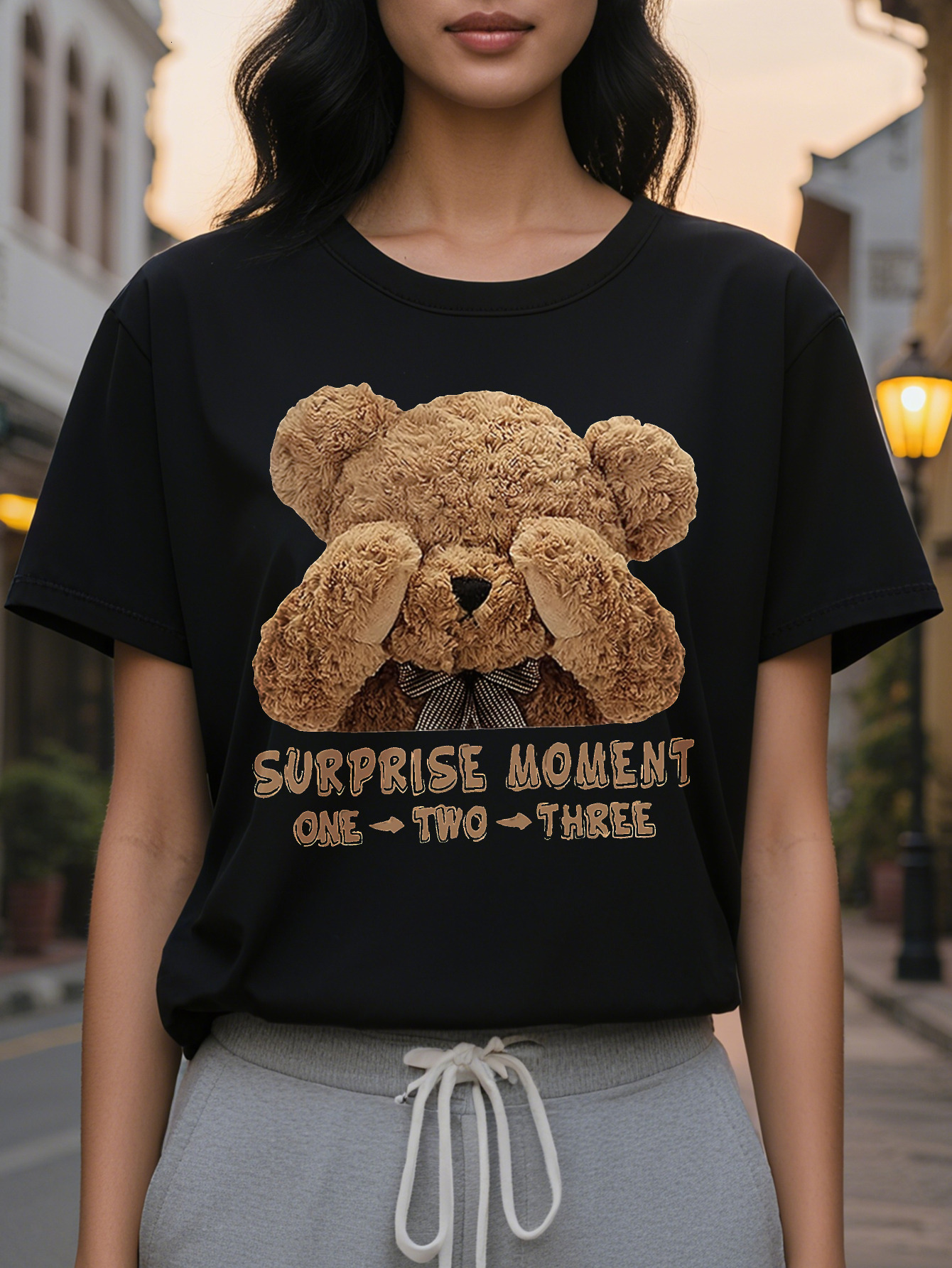 Women S Cute Teddy Bear Graphic T-Shirt Casual Short Sleeve Crew Neck Black with Surprise Moment Design Soft for