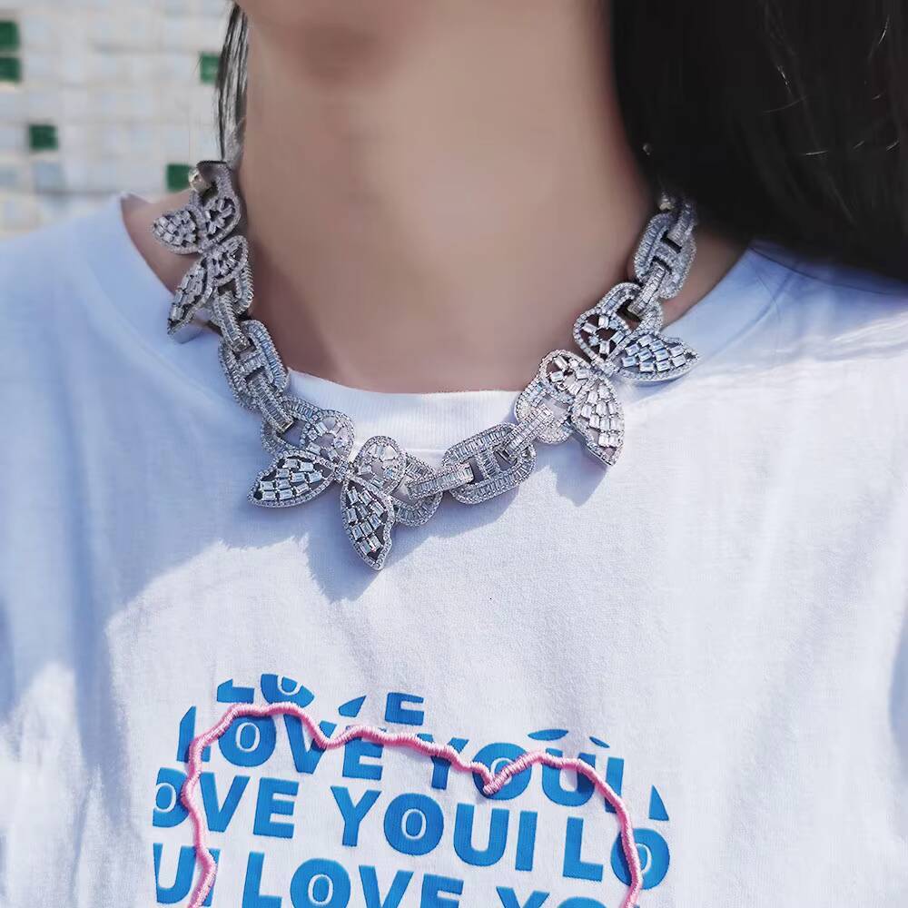 NUOYA Custom Butterfly Cuban Link Choker Iced Out Bling Necklace Baguette Moissanite Diamond Silver Plated Choker Women Jewelry