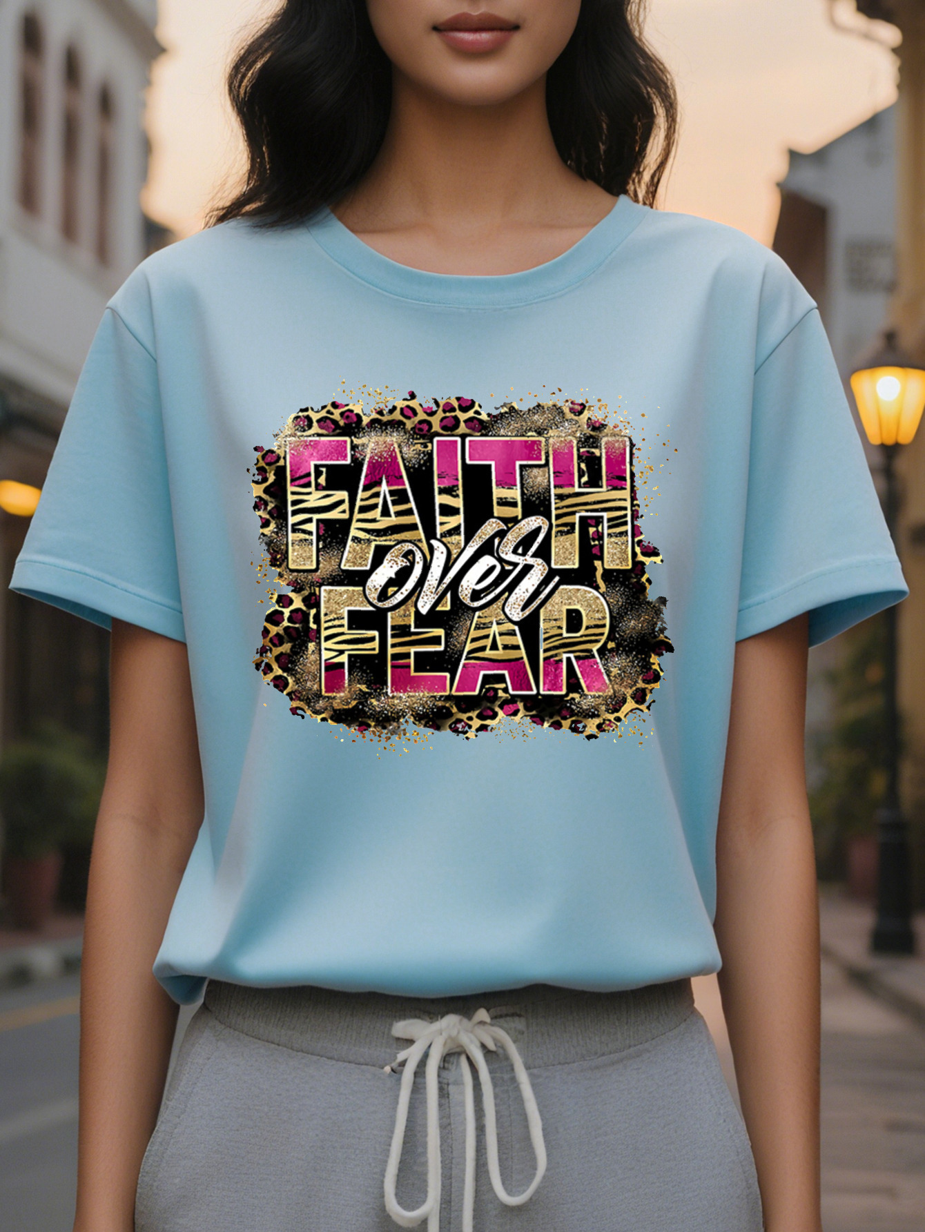 Large XL Vibrant Letter Print Crew Neck T-Shirt Soft Breathable Casual Short Sleeve Top Spring Summer Women's Comfortable Plus Size