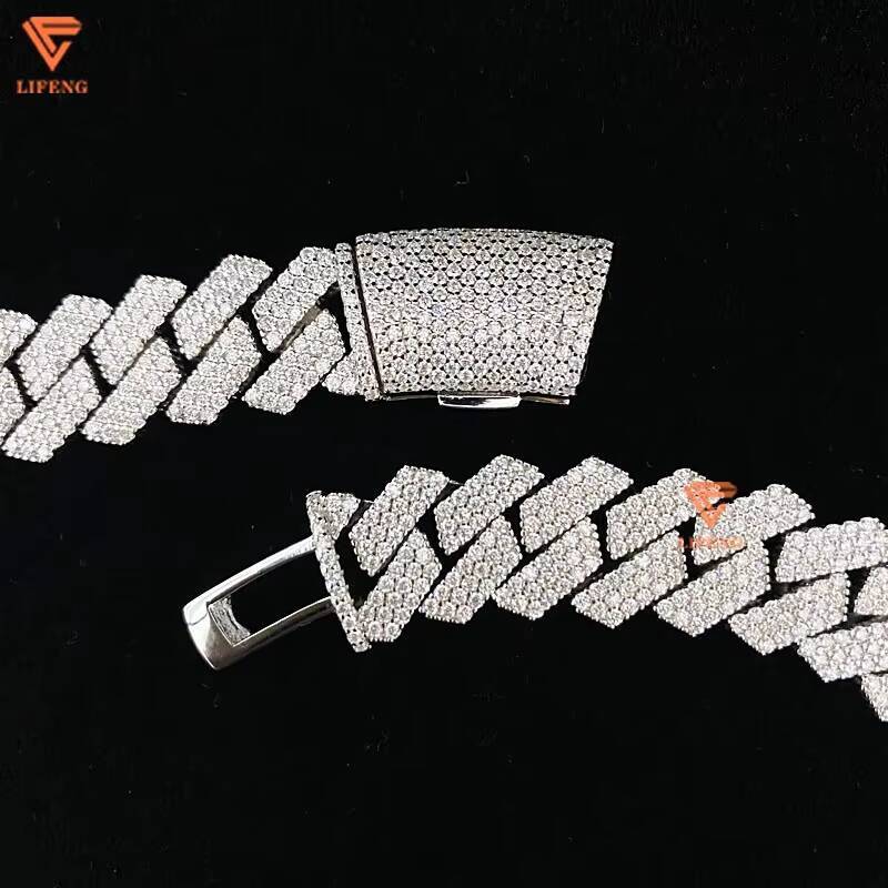 Lifeng Jewelrys 14MM Cuban Link Chains Iced Out Hip Hop Moissanite Necklace 925 Silver Diamond Main Stone White Gold Parties